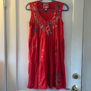 Johnny Was Women’s Small Cleo Tiered Knit Tank Dress Embroidered Red